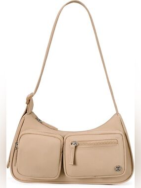 Beige Shoulder Bag with Dual Front Pockets